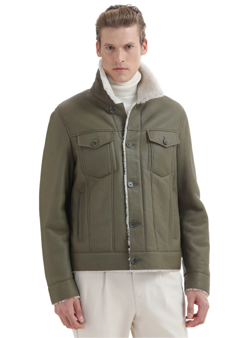 Haki Regular Fit Gömlek Yaka Casual Kürk Deri Mont - 4