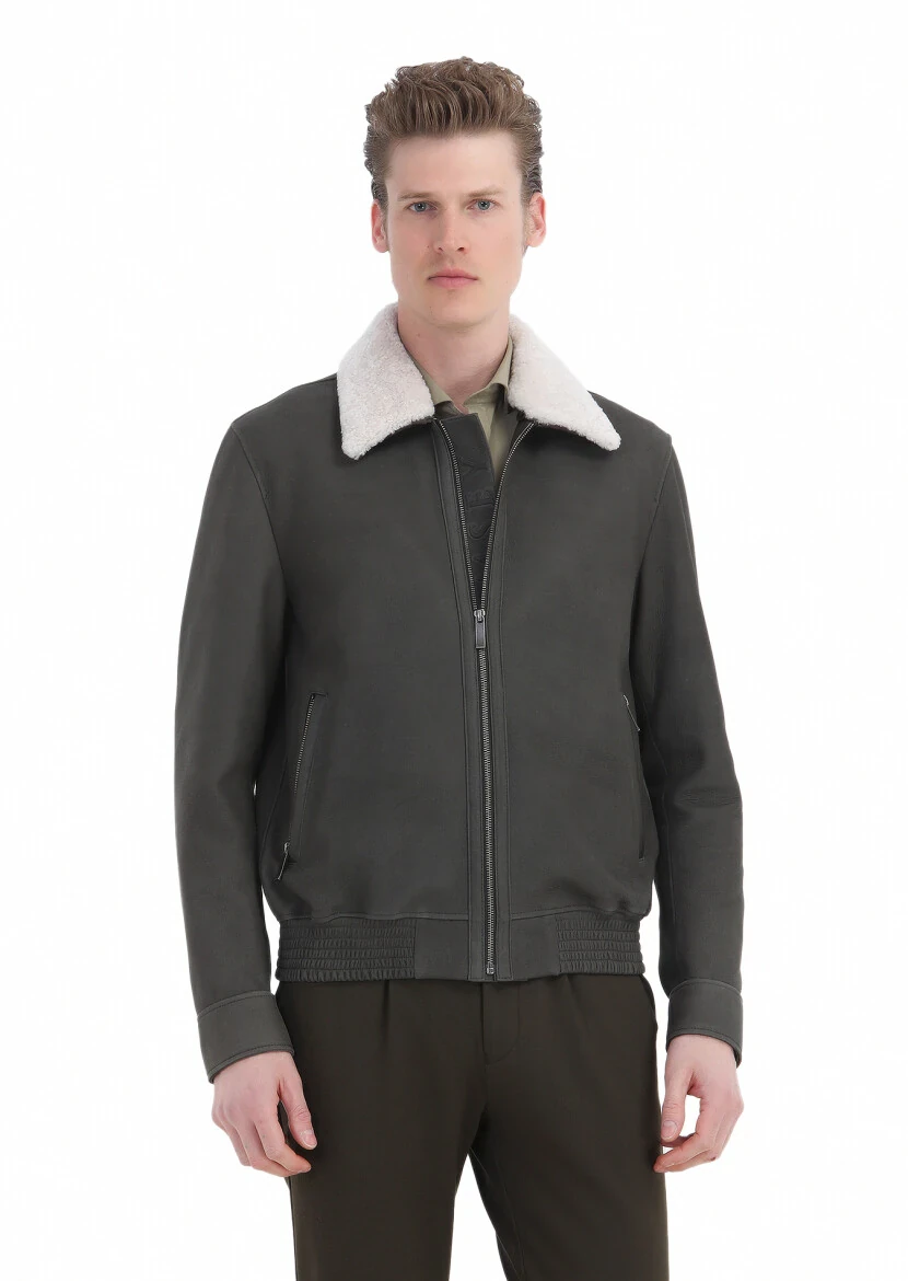 Haki Regular Fit Gömlek Yaka Casual Süet Deri Mont - 3