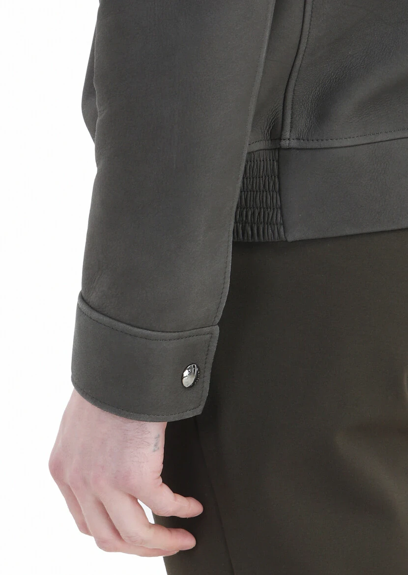 Haki Regular Fit Gömlek Yaka Casual Süet Deri Mont - 6