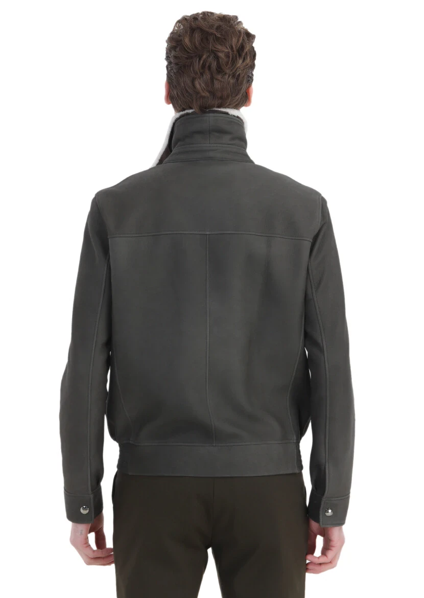 Haki Regular Fit Gömlek Yaka Casual Süet Deri Mont - 7