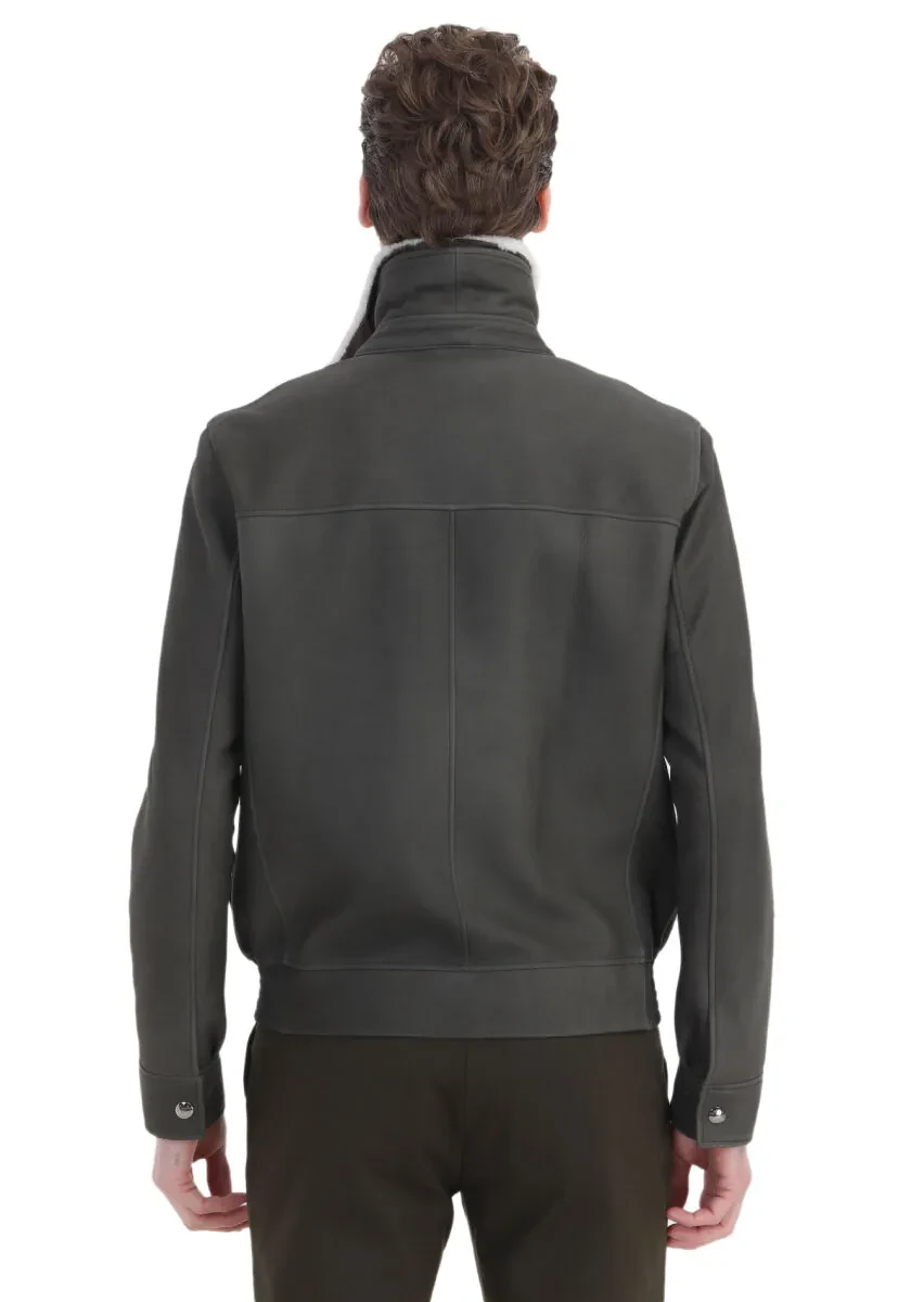 Haki Regular Fit Gömlek Yaka Casual Süet Deri Mont - 7