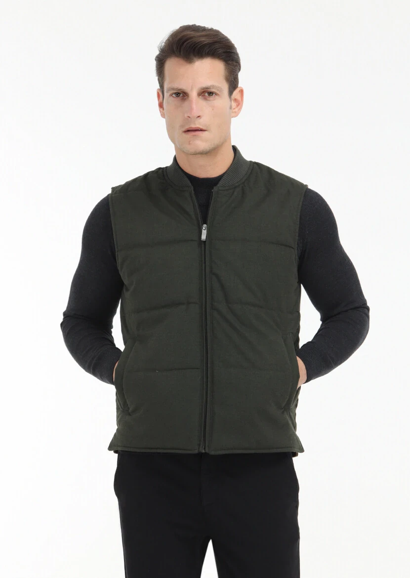 Haki Regular Fit Hakim Yaka Casual Dokuma Spor Yelek 