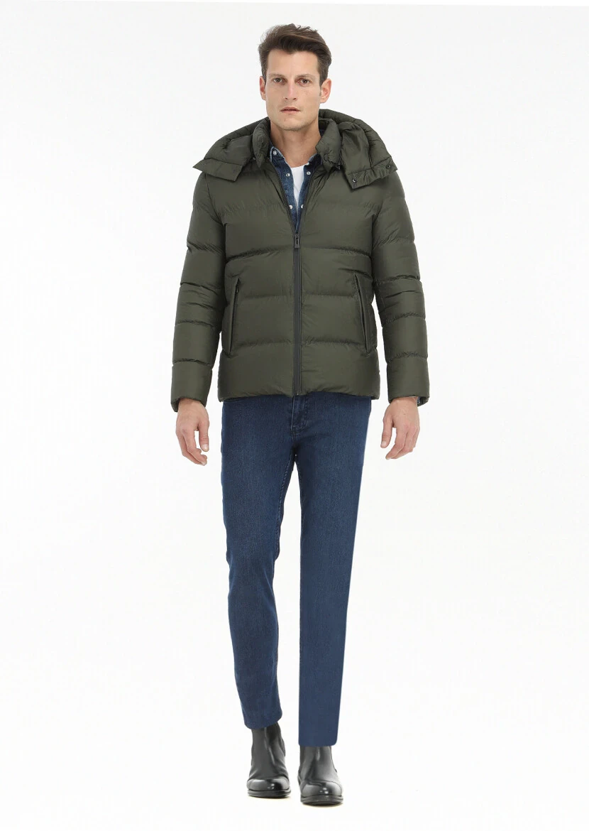 Haki Regular Fit Kapüşonlu Casual Dokuma Mont - 1