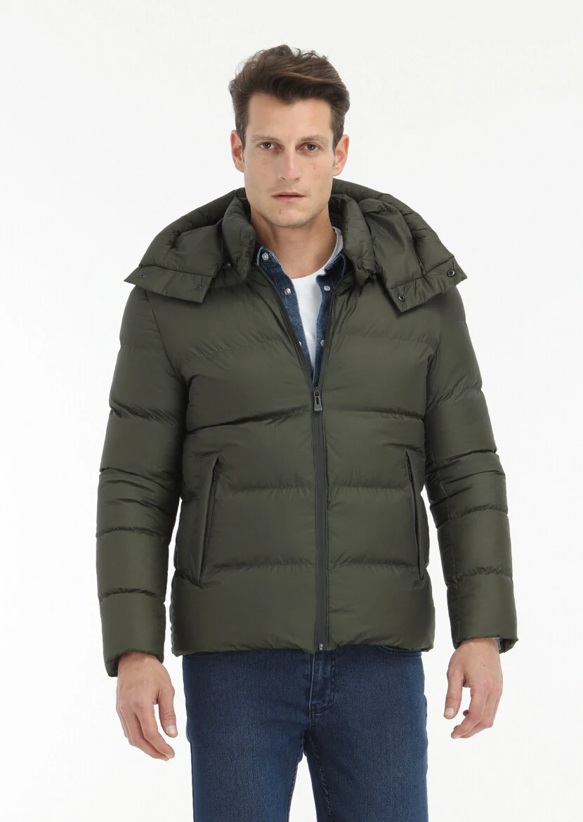 Haki Regular Fit Kapüşonlu Casual Dokuma Mont - 3