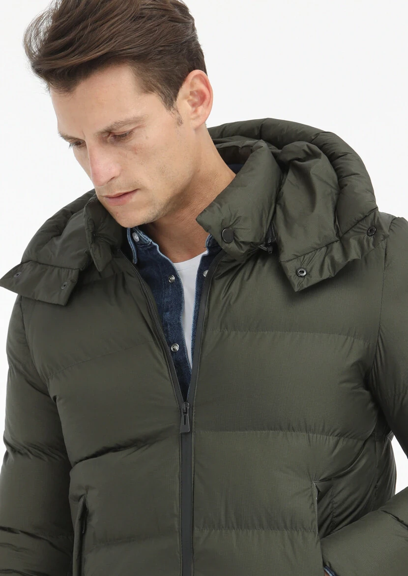 Haki Regular Fit Kapüşonlu Casual Dokuma Mont - 4