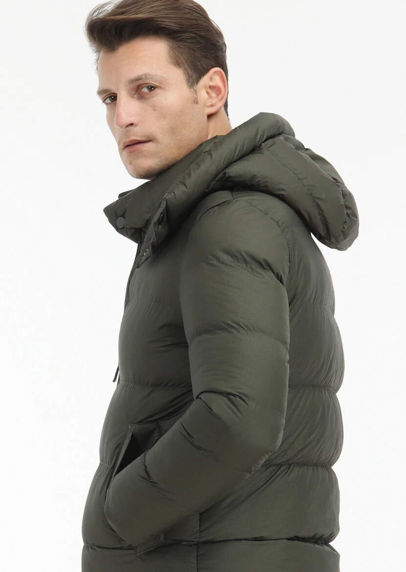 Haki Regular Fit Kapüşonlu Casual Dokuma Mont - 5