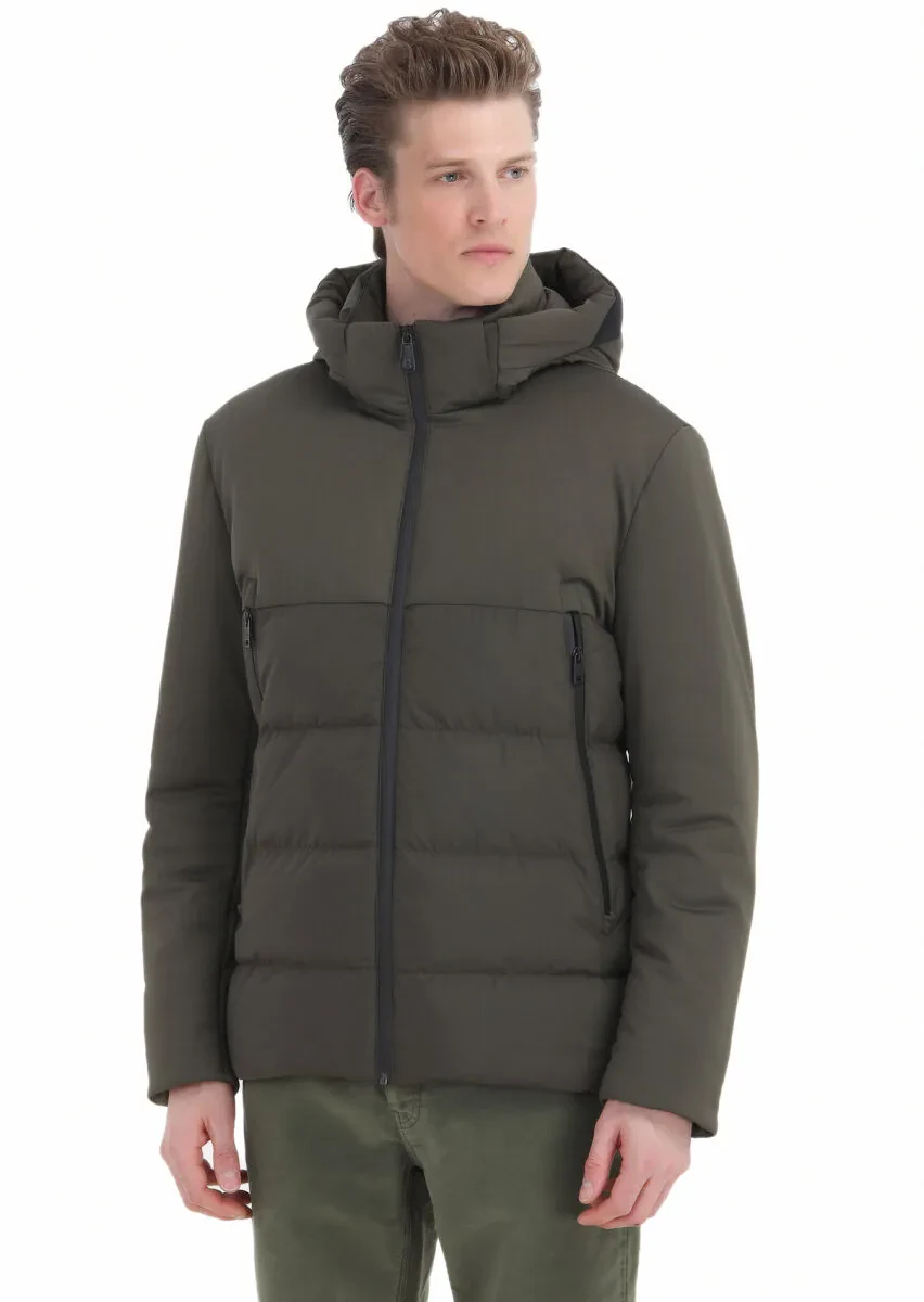 Haki Regular Fit Kapüşonlu Casual Dokuma Mont - 4