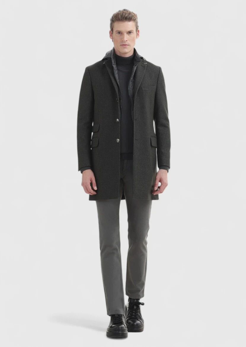 Haki Regular Fit Kelebek Yaka Casual Dokuma Palto - 1