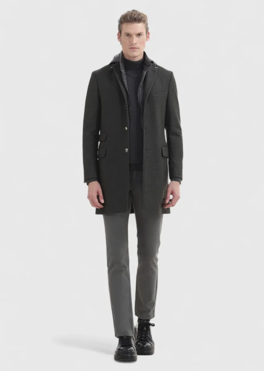 Haki Regular Fit Kelebek Yaka Casual Dokuma Palto - 1