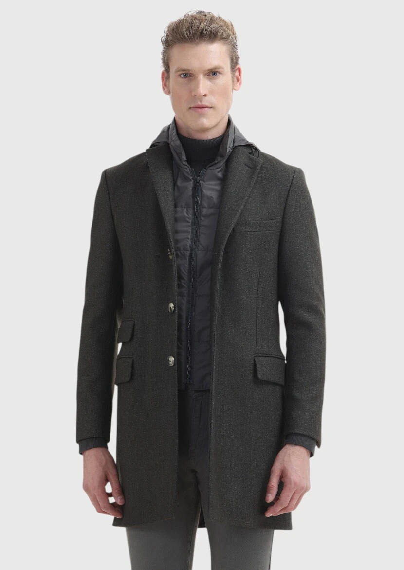 Haki Regular Fit Kelebek Yaka Casual Dokuma Palto 