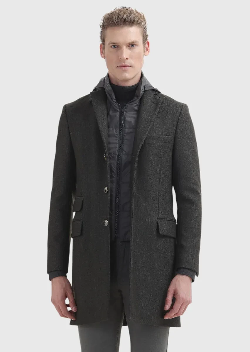 Haki Regular Fit Kelebek Yaka Casual Dokuma Palto - 2