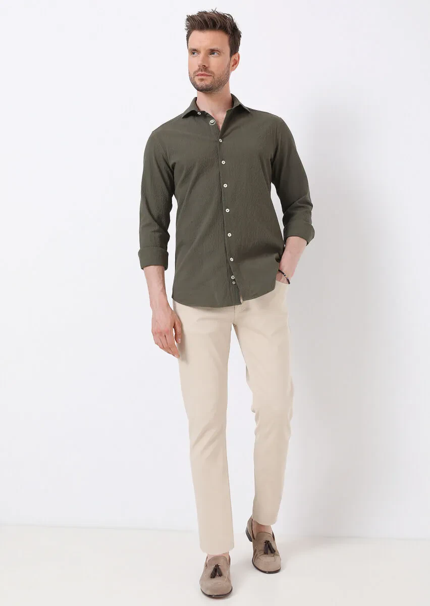Haki Slim Fit Dokuma Casual Pamuk Karışımlı Gömlek - 3