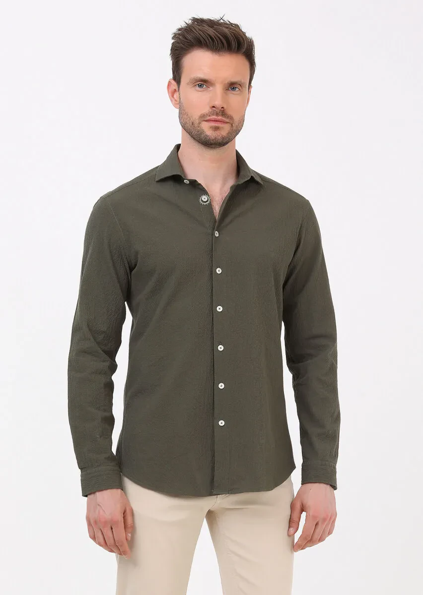 Haki Slim Fit Dokuma Casual Pamuk Karışımlı Gömlek - 4