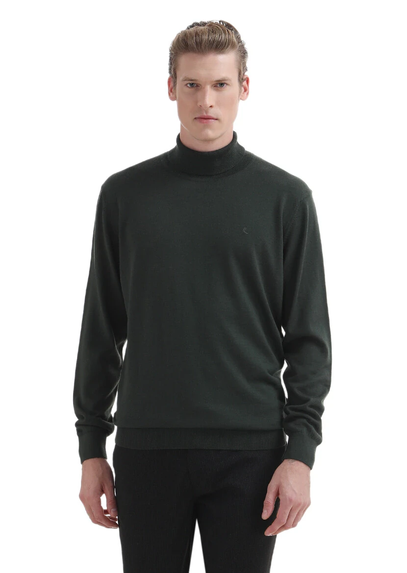 Haki Tam Balıkçı Yaka Düz Örgü Yün Karışımlı Triko Kazak - 1