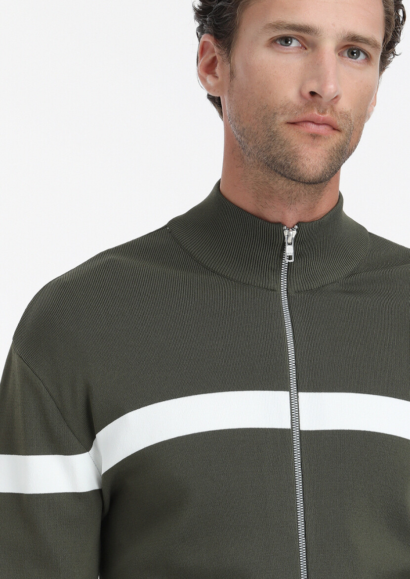 Haki Yarım Balıkçı Yaka Düz Örgü Hırka - 3