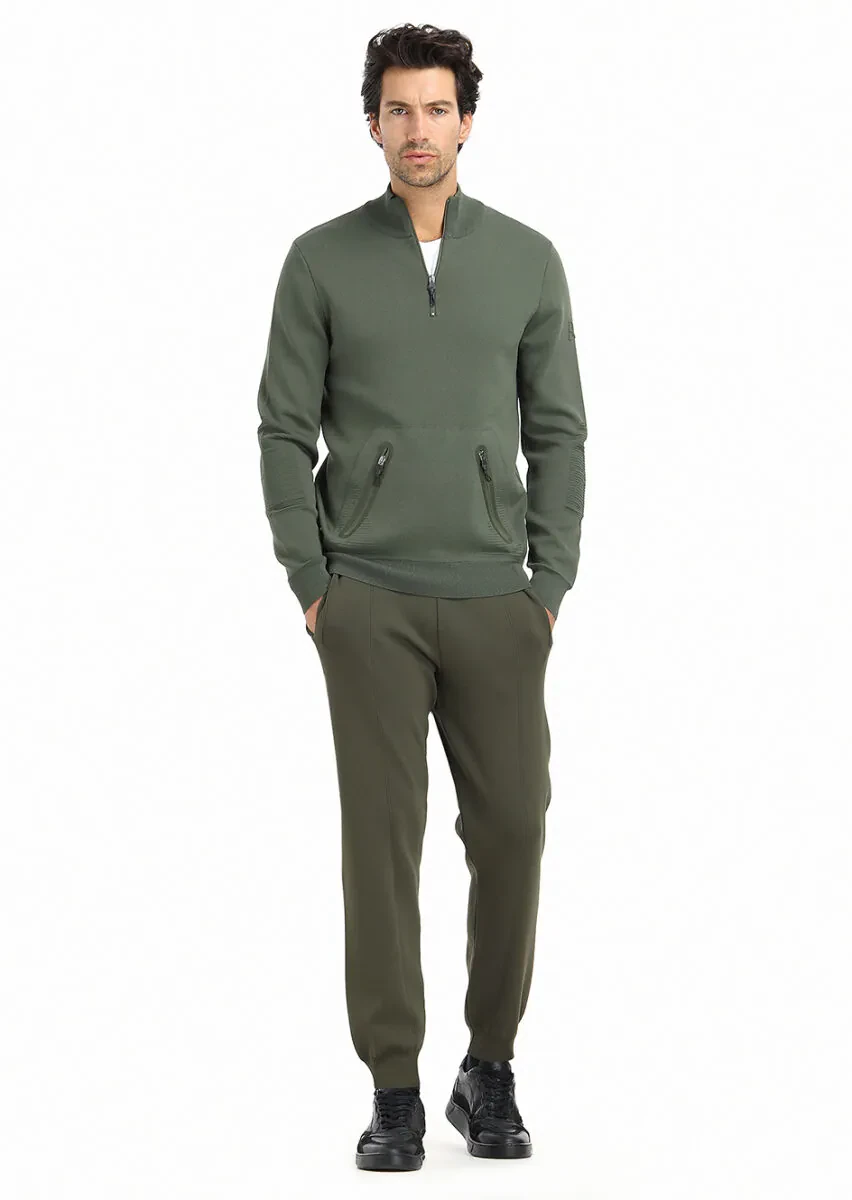 Haki Yarım Balıkçı Yaka Düz Örgü Triko Kazak - 1