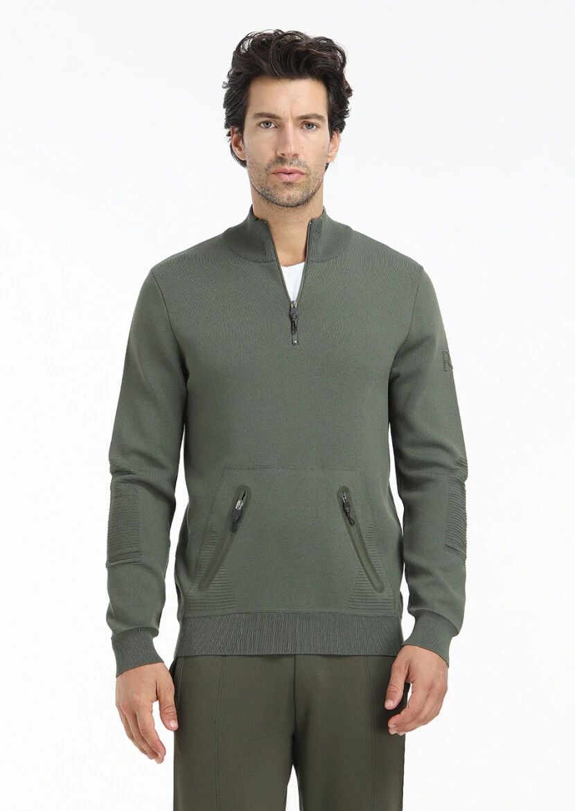 Haki Yarım Balıkçı Yaka Düz Örgü Triko Kazak - 2