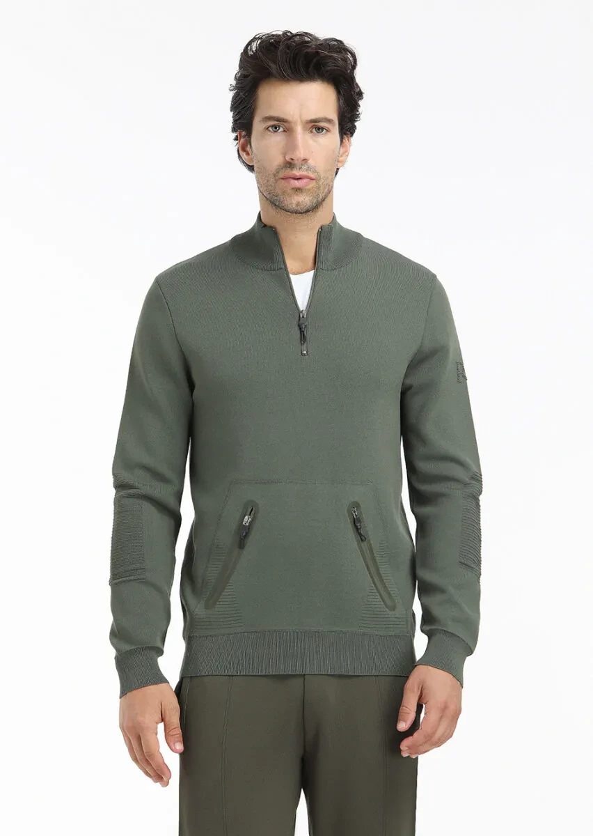 Haki Yarım Balıkçı Yaka Düz Örgü Triko Kazak - 2