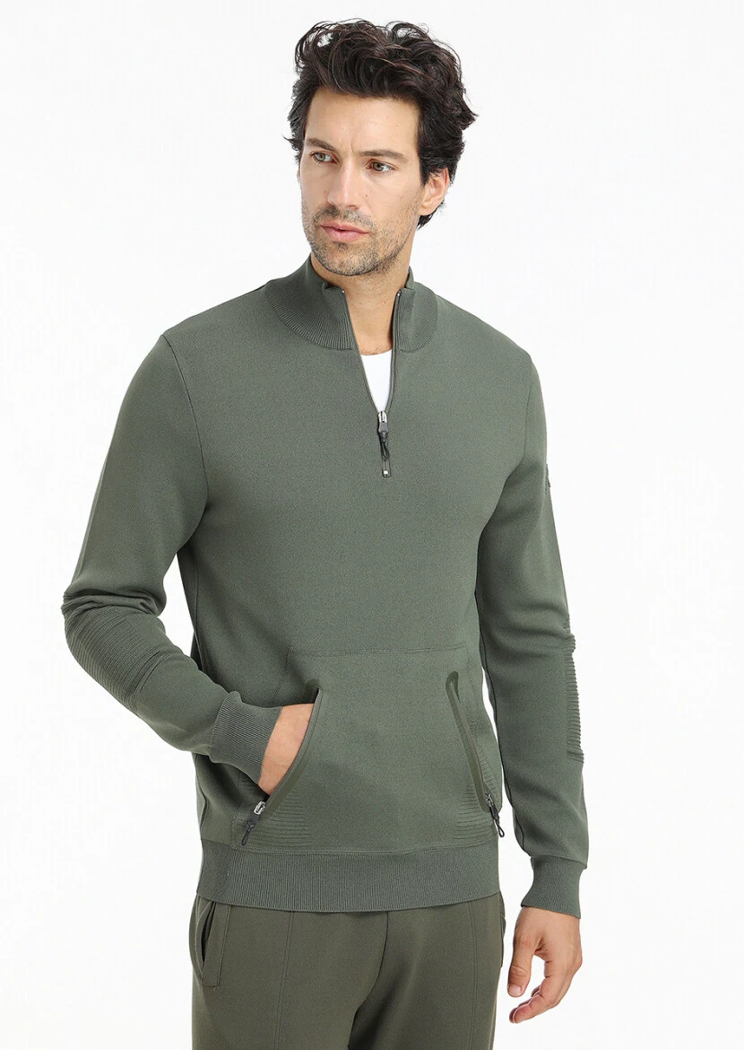 Haki Yarım Balıkçı Yaka Düz Örgü Triko Kazak - 3