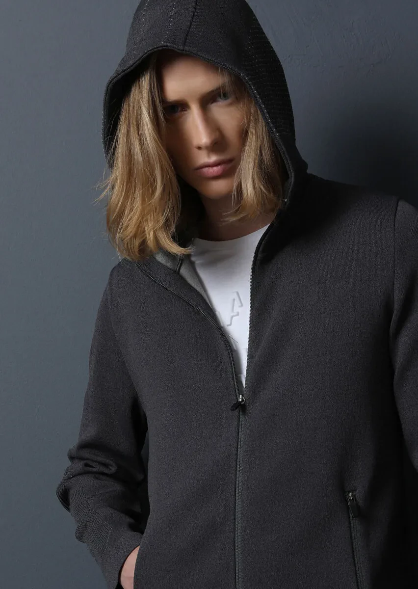 Hard Coal Jacquard Wool Blended Cardigan - 1