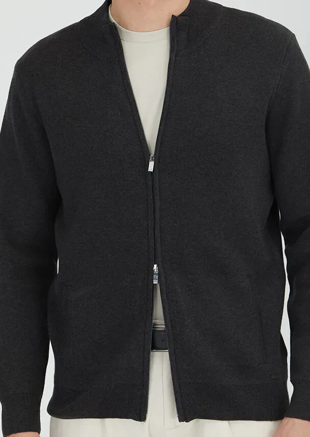 Hard Coal Mock-Turtleneck Plain Knitting Cotton Blended Cardigan - 3