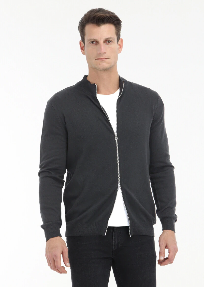 Hard Coal Mock-Turtleneck Plain Knitting Wool Blended Cardigan 