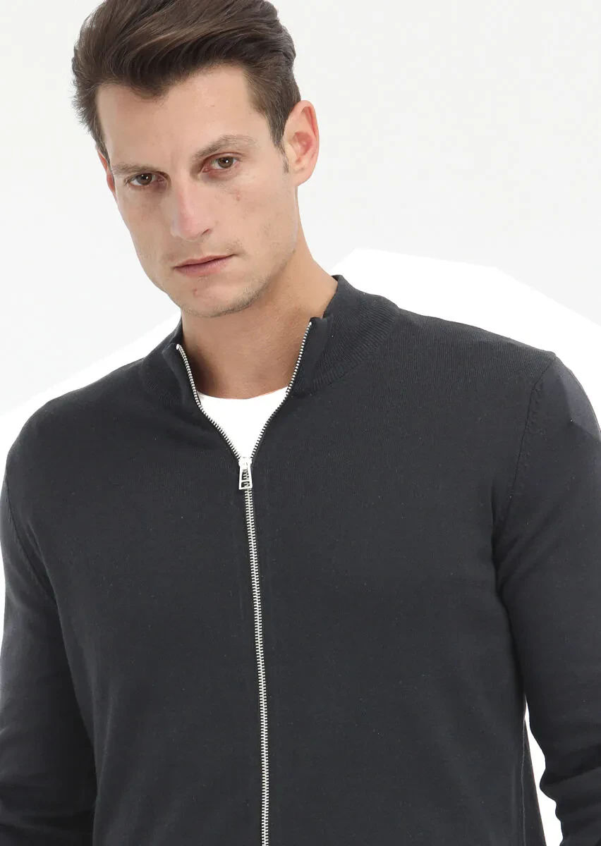 Hard Coal Mock-Turtleneck Plain Knitting Wool Blended Cardigan - 5