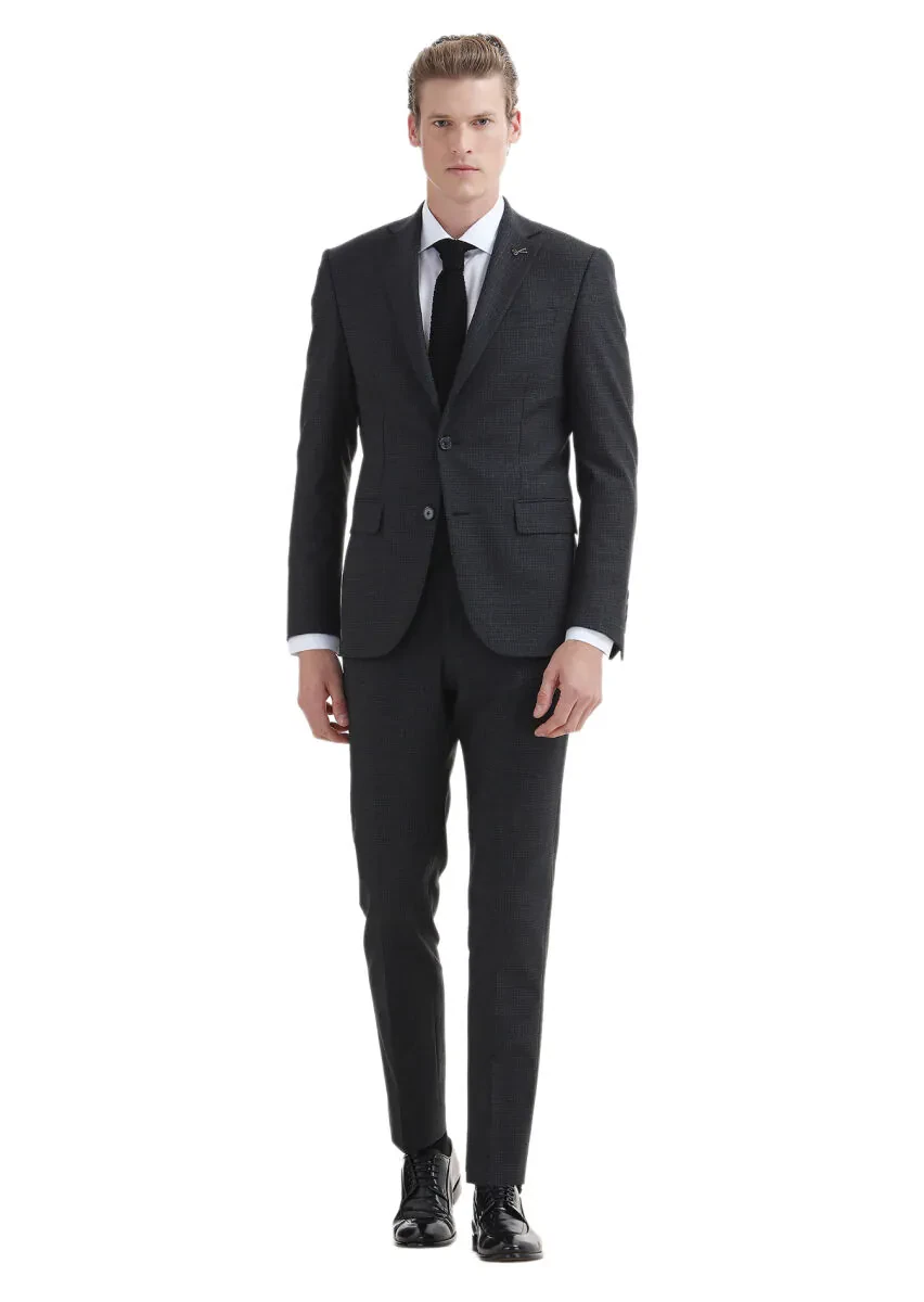 Hard Coal Patterned Modern Fit Wool Blended Suit - 1