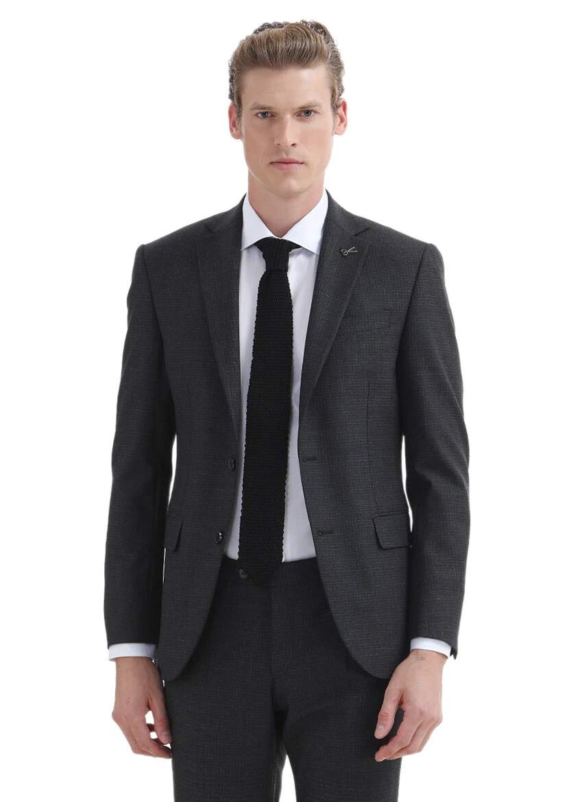 Hard Coal Patterned Modern Fit Wool Blended Suit - 2