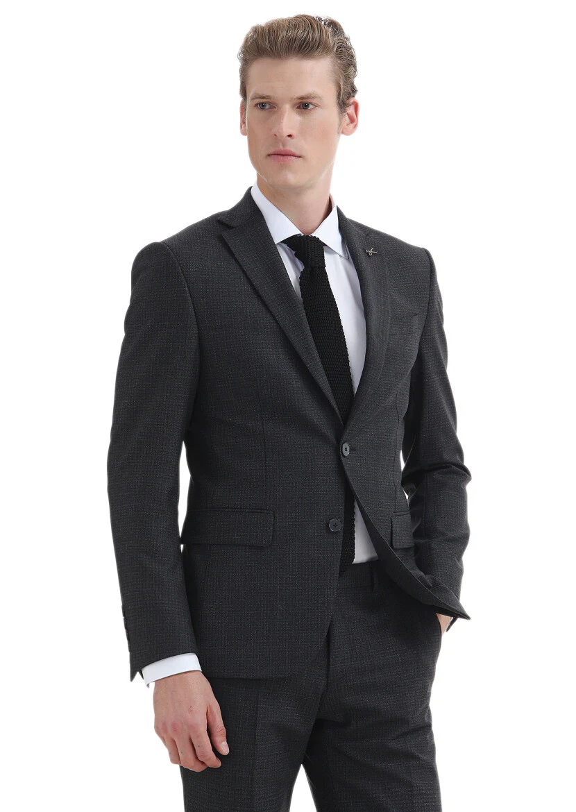 Hard Coal Patterned Modern Fit Wool Blended Suit - 3