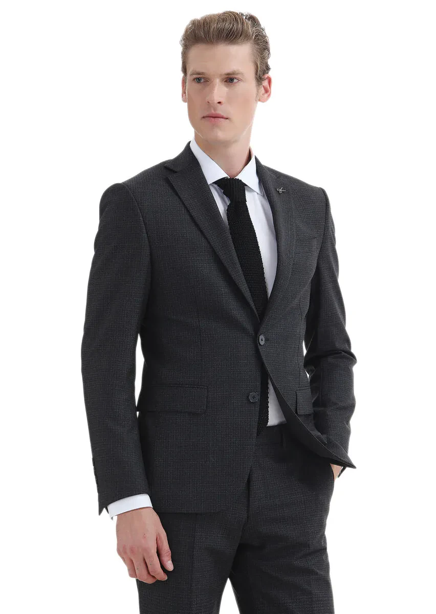 Hard Coal Patterned Modern Fit Wool Blended Suit - 3