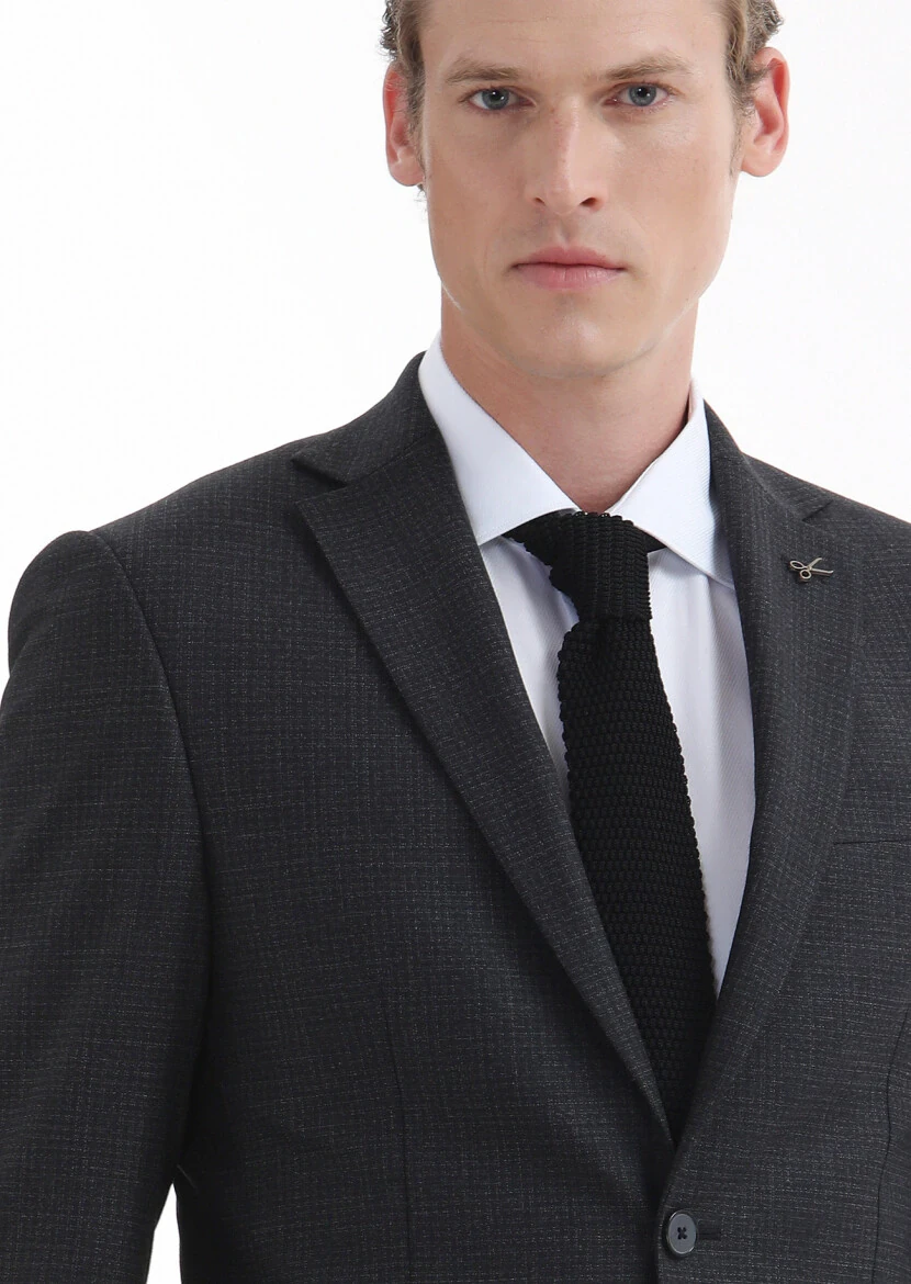 Hard Coal Patterned Modern Fit Wool Blended Suit - 4