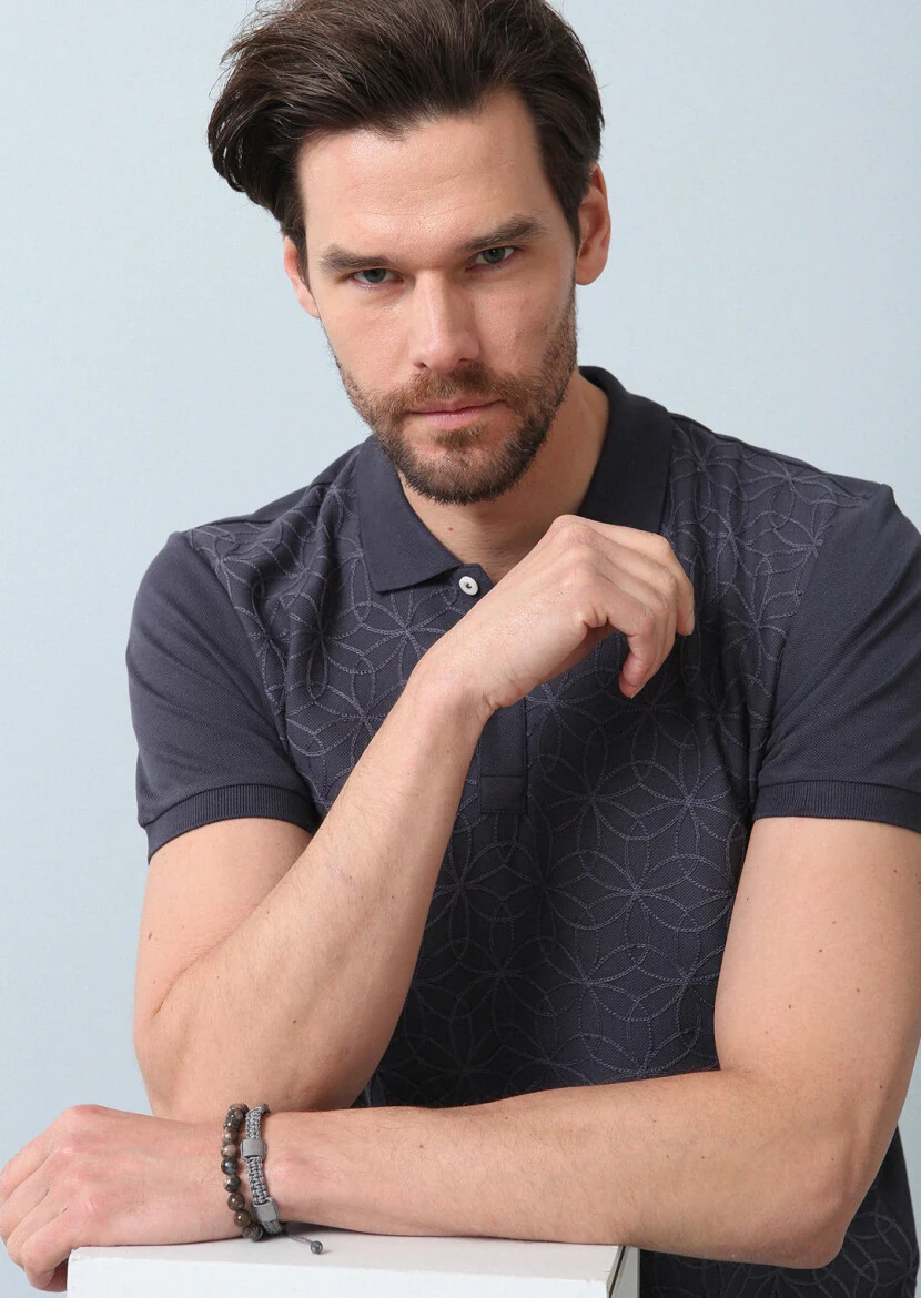 Hard Coal Patterned Polo Neck 100% Cotton T-Shirt - 1