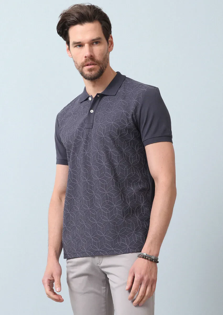 Hard Coal Patterned Polo Neck 100% Cotton T-Shirt - 3
