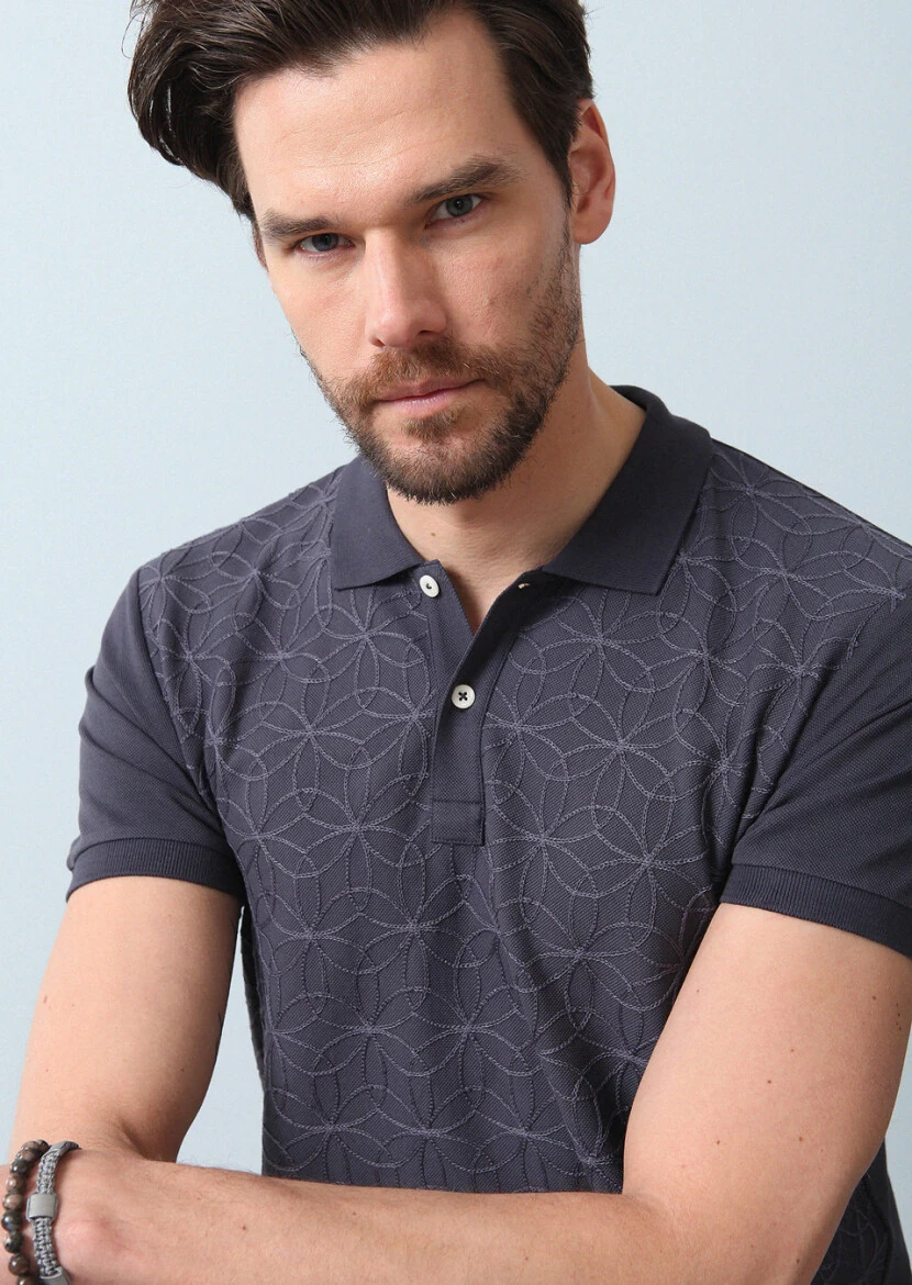 Hard Coal Patterned Polo Neck 100% Cotton T-Shirt - 4