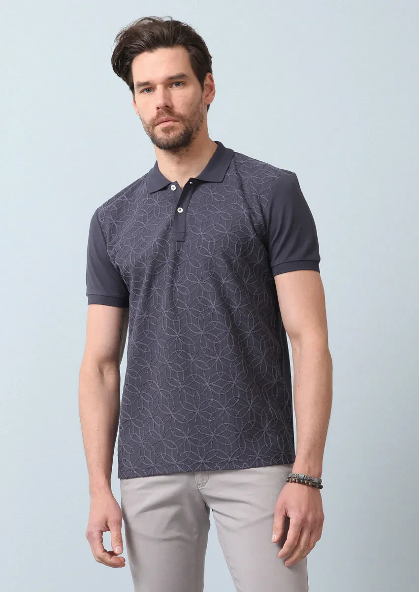 Hard Coal Patterned Polo Neck 100% Cotton T-Shirt - 5
