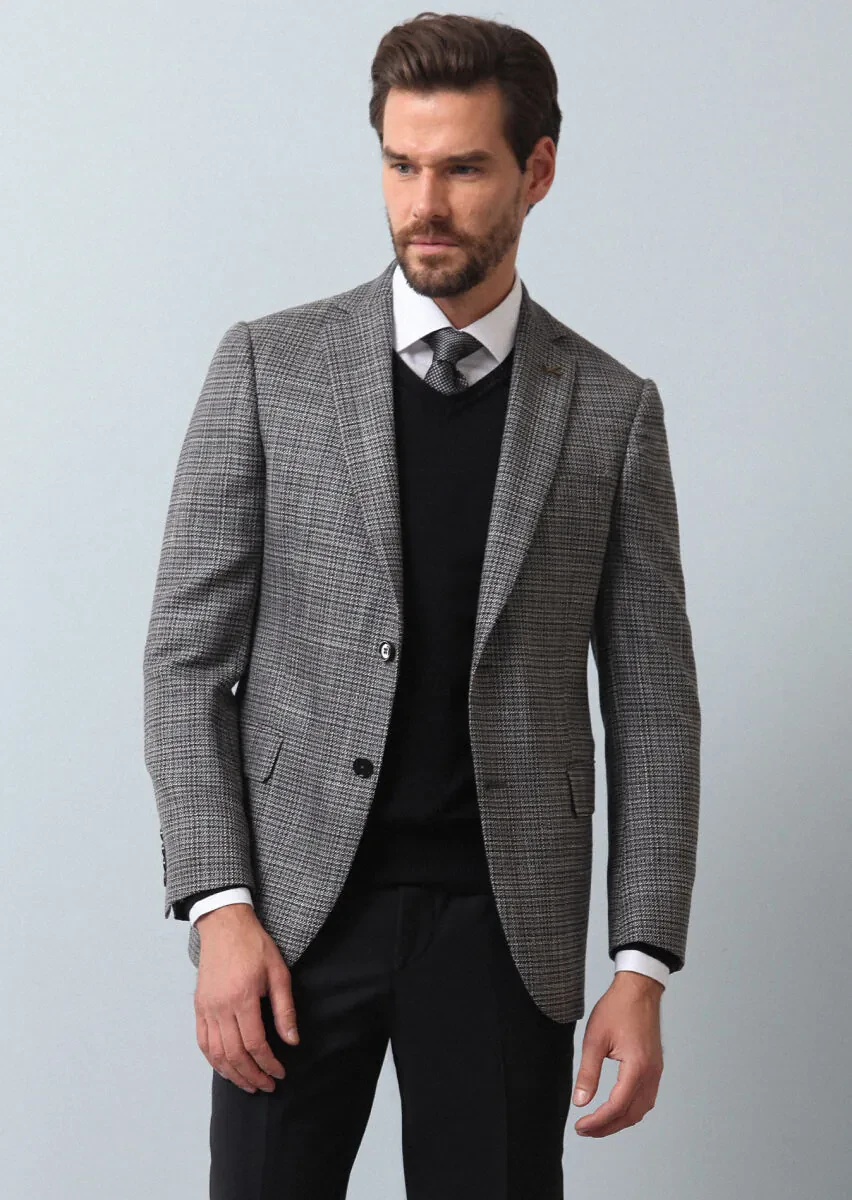 Hard Coal Patterned Regular Fit 100% Wool Jacket - 1
