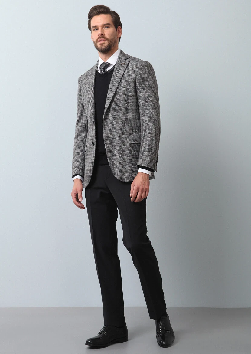 Hard Coal Patterned Regular Fit 100% Wool Jacket - 3