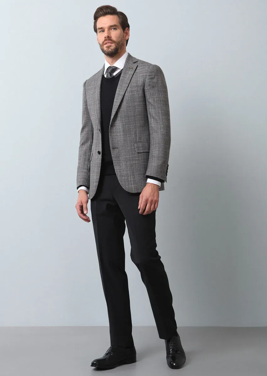 Hard Coal Patterned Regular Fit 100% Wool Jacket - 3