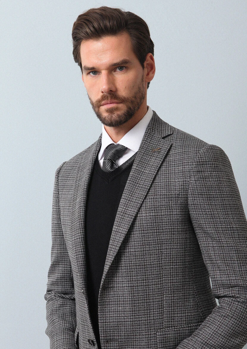 Hard Coal Patterned Regular Fit 100% Wool Jacket - 4