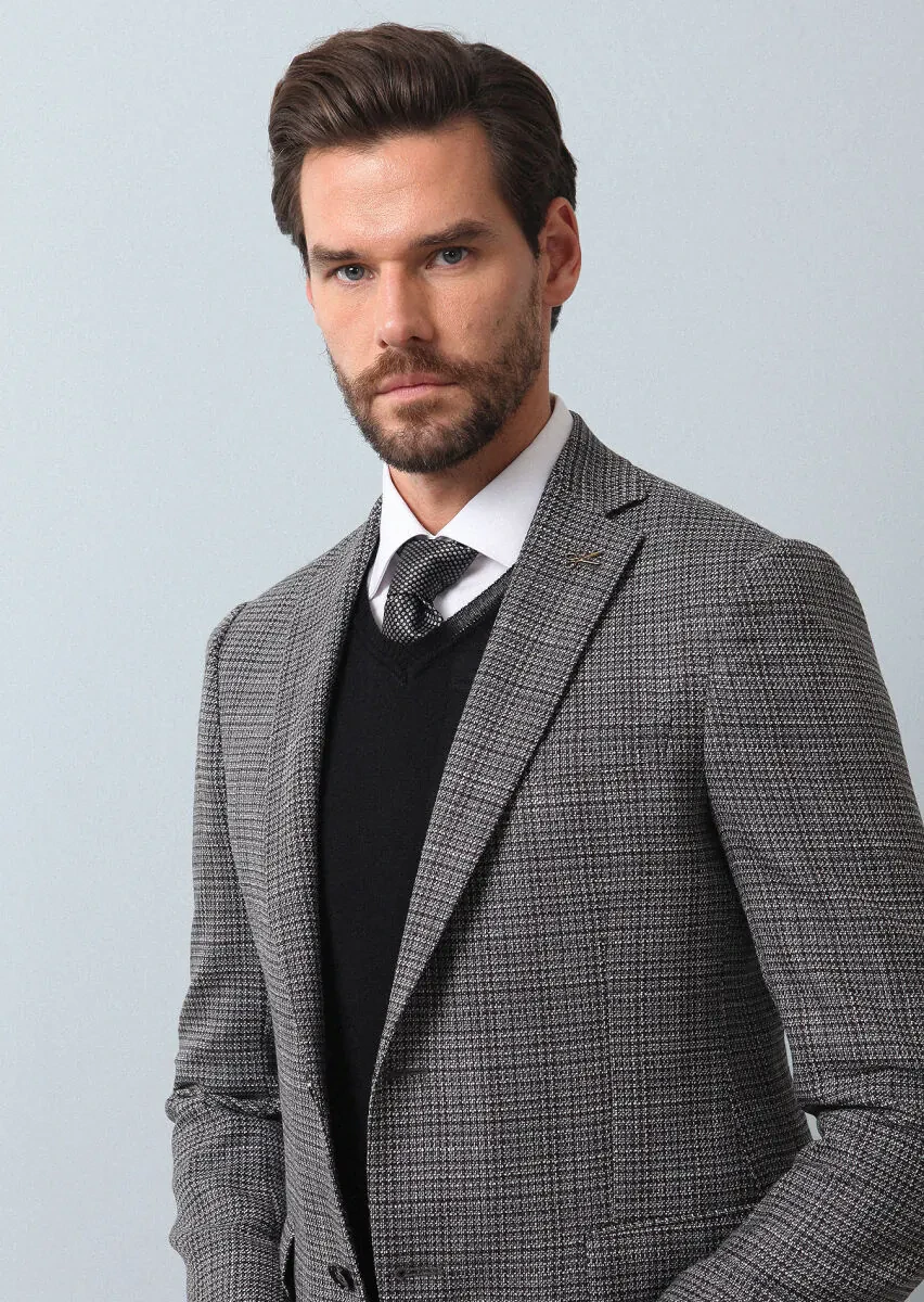 Hard Coal Patterned Regular Fit 100% Wool Jacket - 4