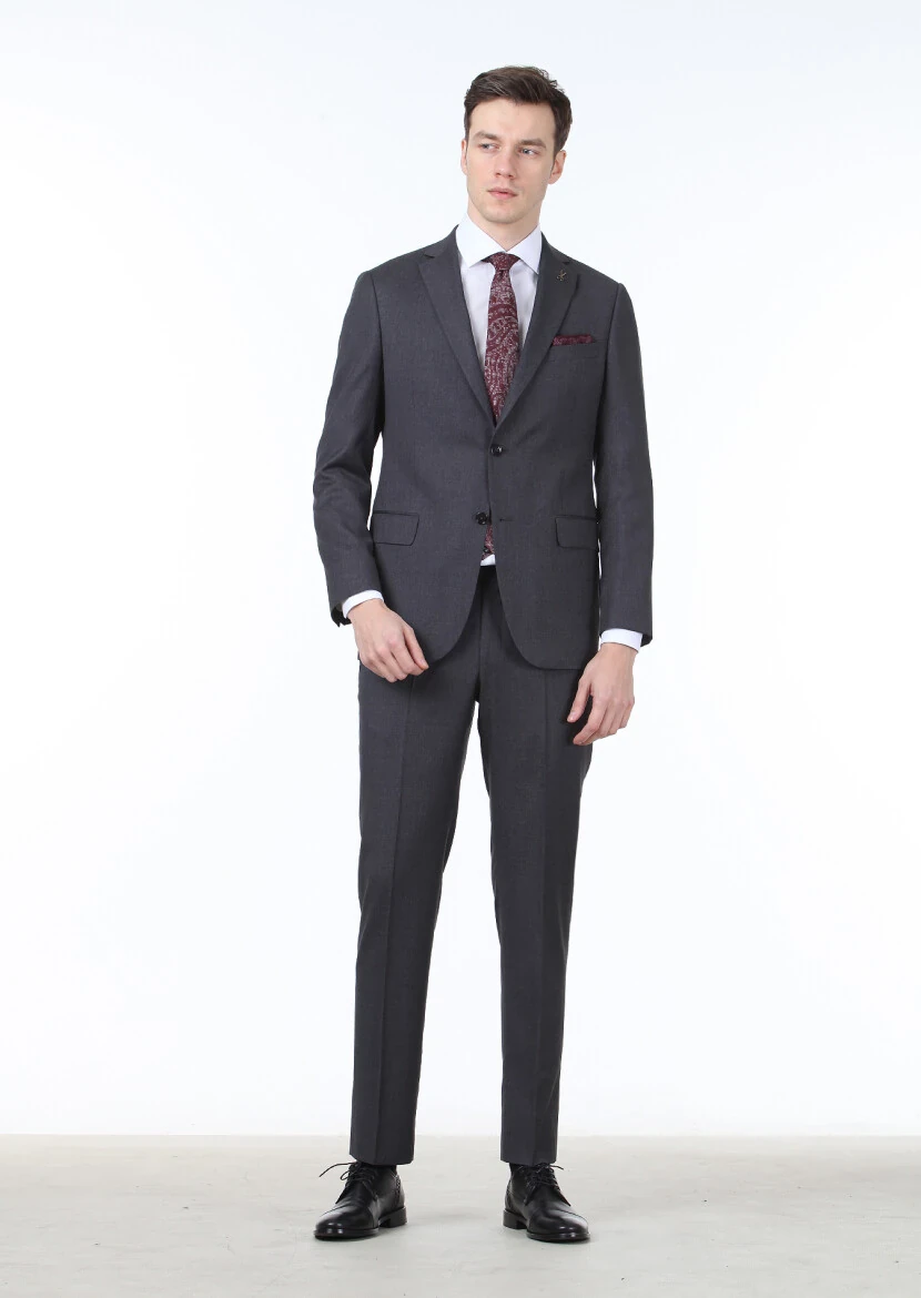 Hard Coal Patterned Regular Fit 100% Wool Suit - 3