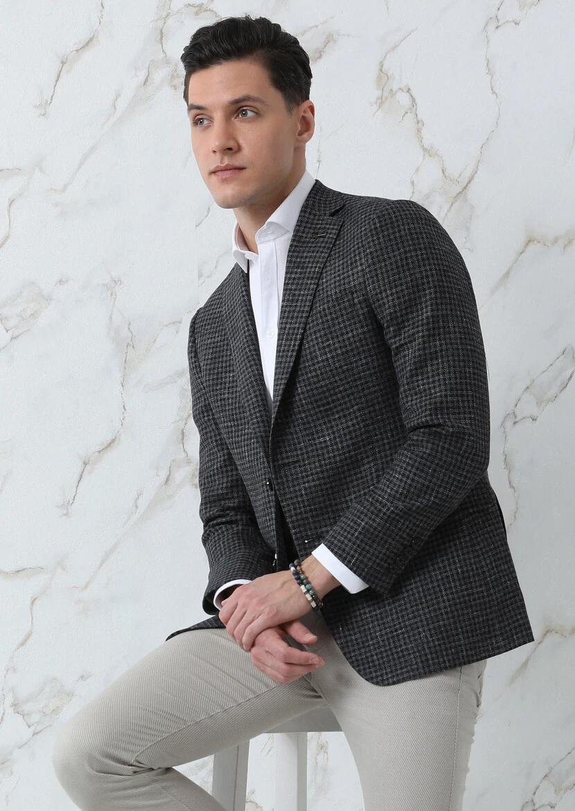 Hard Coal Patterned Regular Fit Silk Blended Jacket - 1