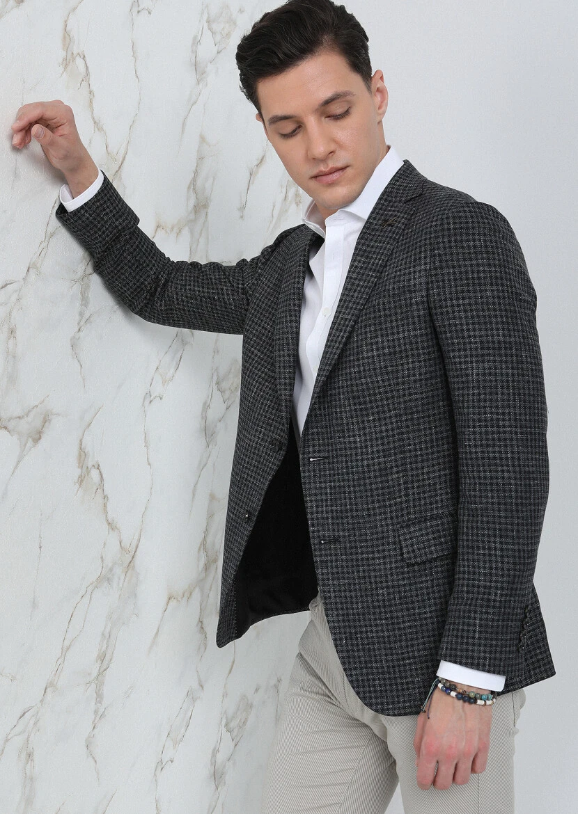 Hard Coal Patterned Regular Fit Silk Blended Jacket - 3