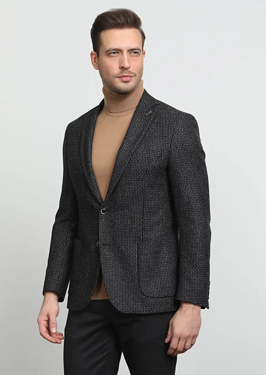 Hard Coal Patterned Zeroweight Slim Fit Wool Blended Jacket - 1