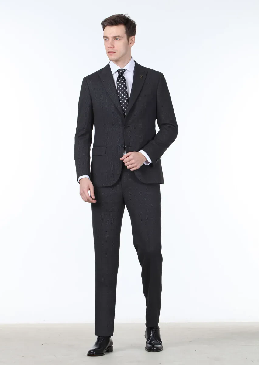Hard Coal Patterned Zeroweight Slim Fit Wool Blended Suit - 1