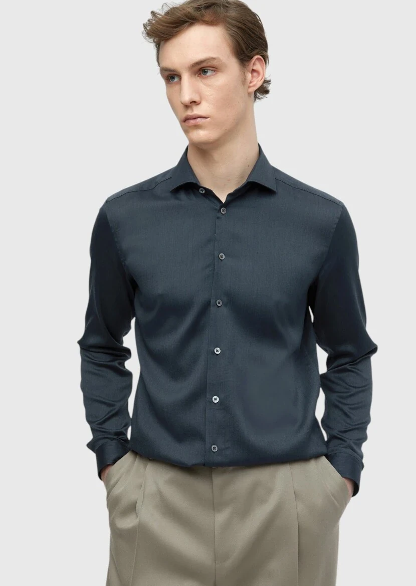 Hard Coal Plain Casual Fit Weaving Casual Silk Blended Shirt - RAMSEY