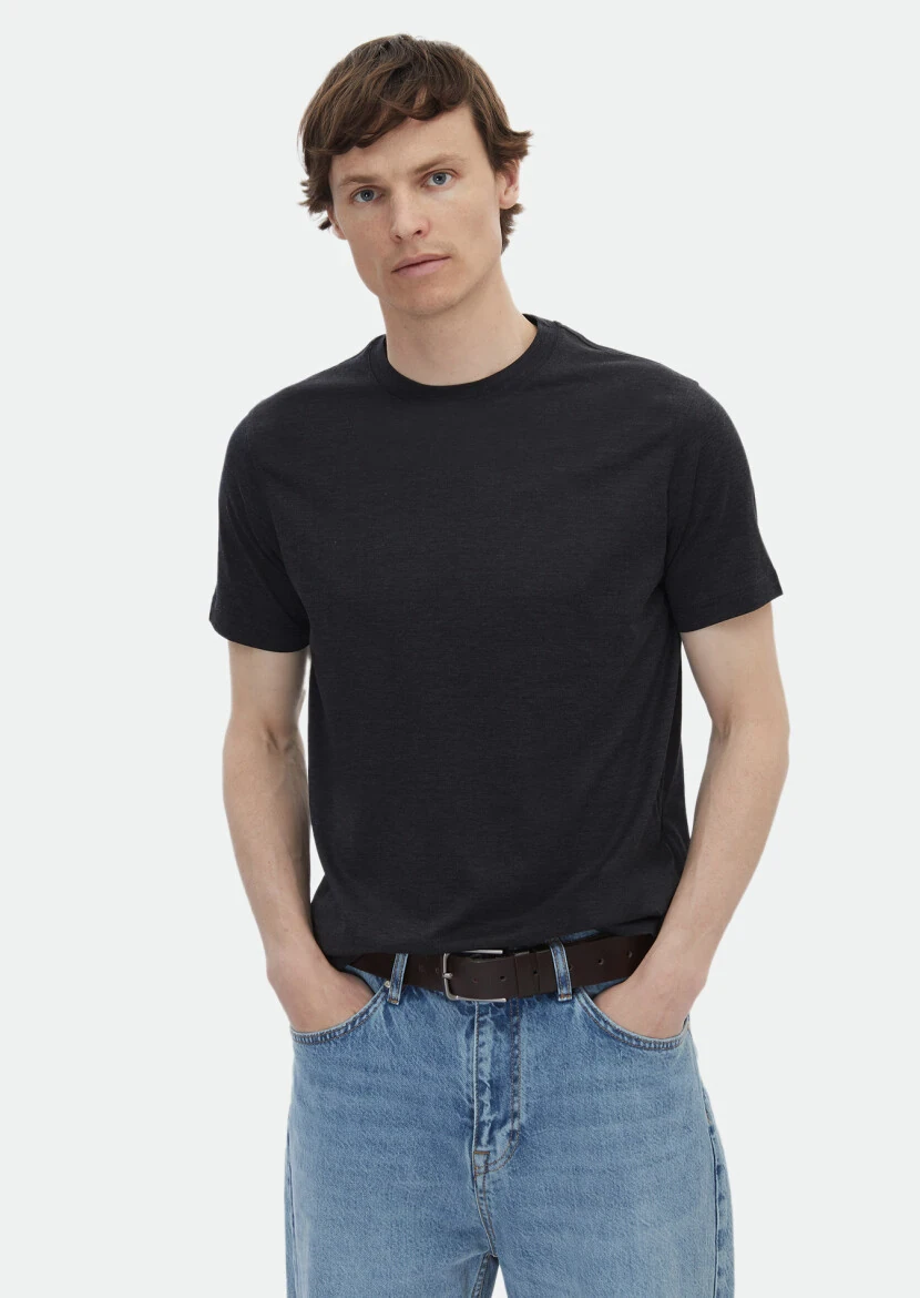 Hard Coal Plain Crew Neck Silk Blended T-Shirt - RAMSEY