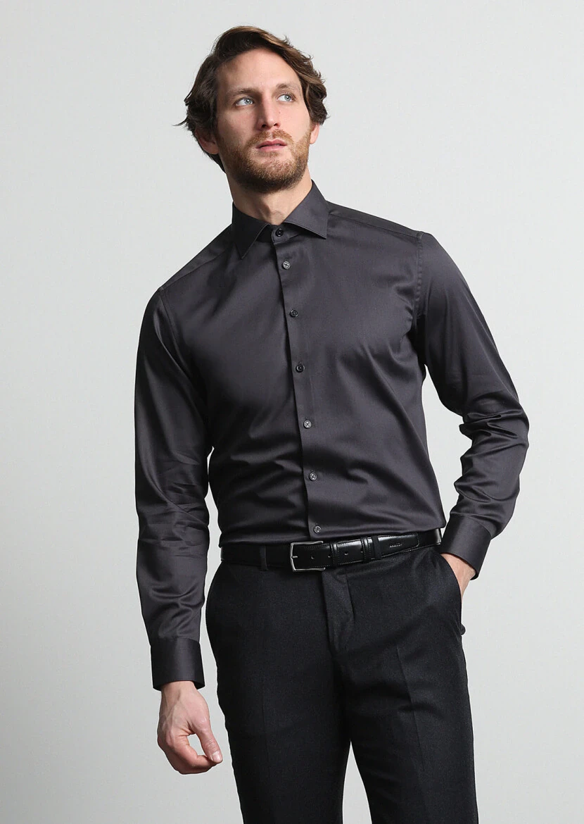 Hard Coal Plain Regular Fit Weaving Classical 100% Cotton Shirt - 1