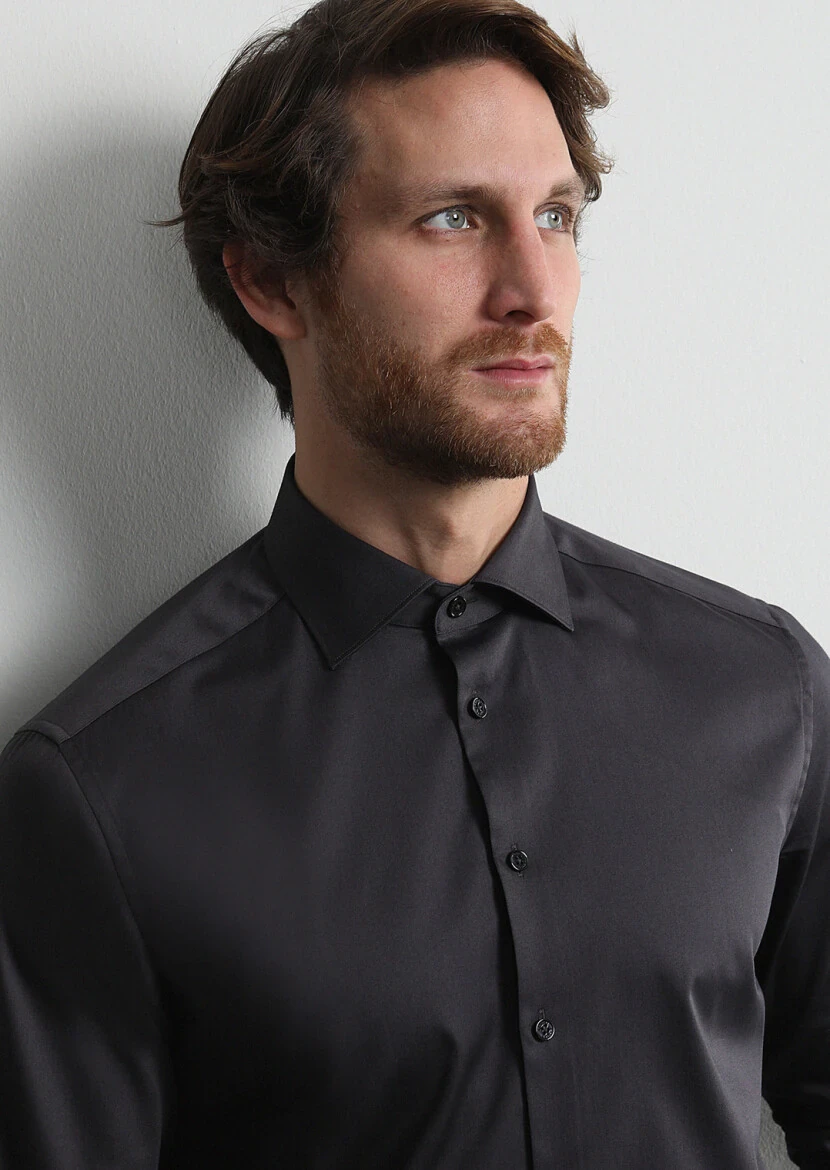 Hard Coal Plain Regular Fit Weaving Classical 100% Cotton Shirt - 2